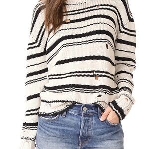 Stylish Distressed Black and White Striped Sweater